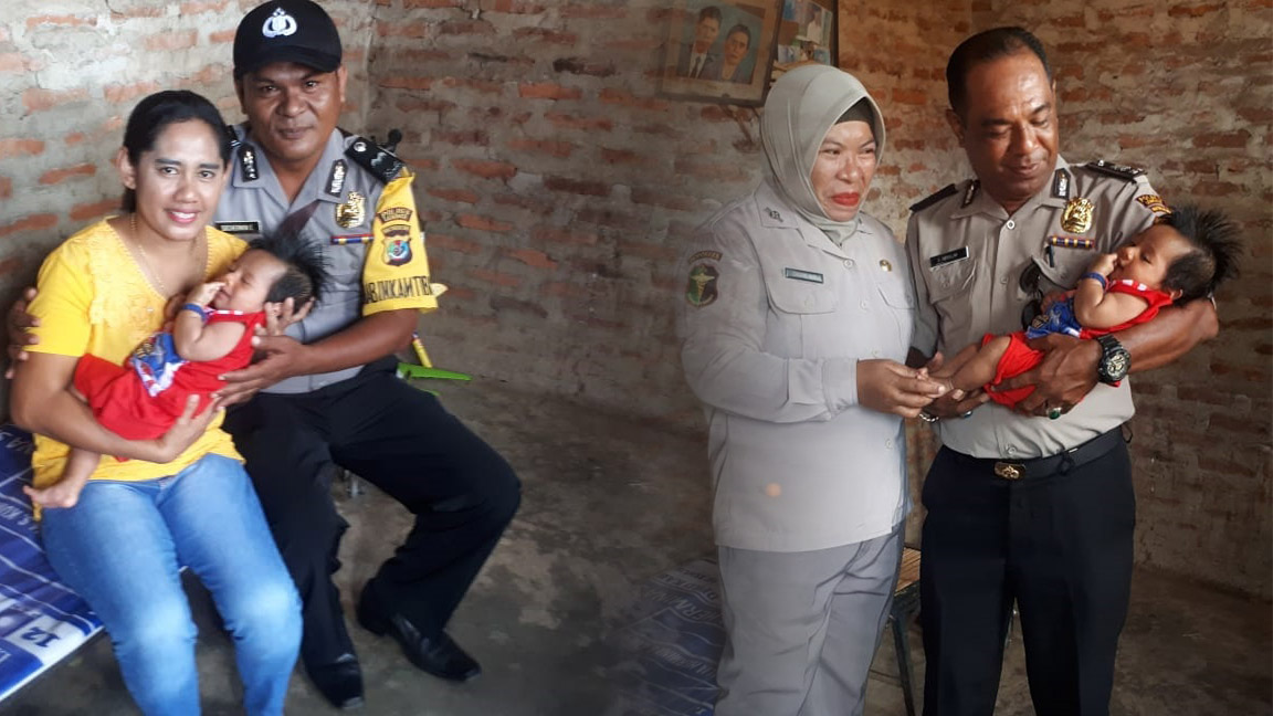 Rasa syukur bercampur haru saat Aiptu Udin Abdullah dan Aipda Socherman Eduard mengunjungi Yosep Polisi Romanda anak dari ibu Rosalia Hermina Susilawati Kuman yang melahirkan di Pos pol ile ape